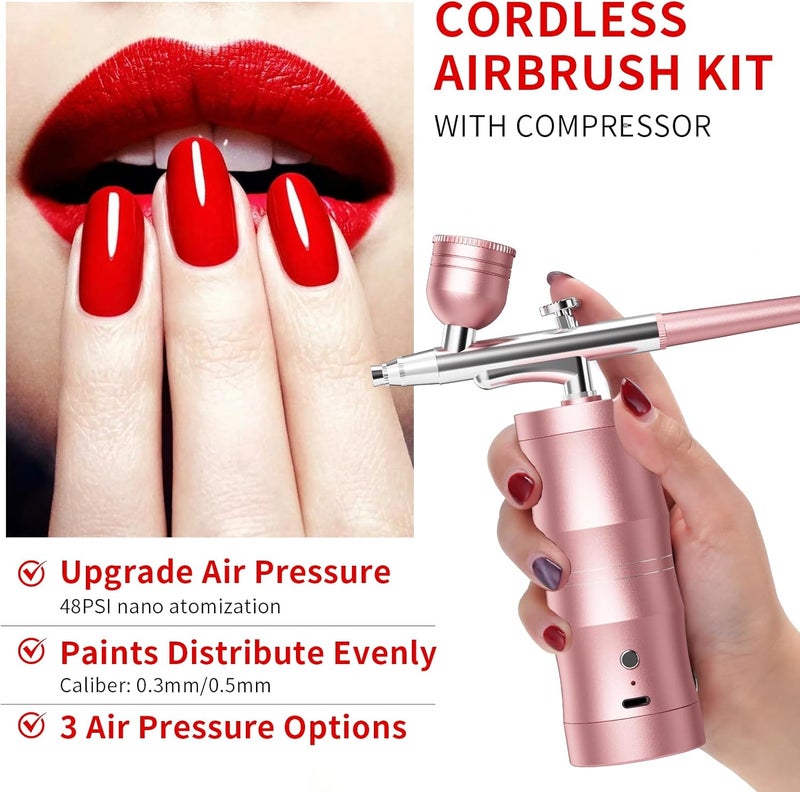 CBVCBV Airbrush Kit with Compressor Portable Airbrush Kit 48PSI High-Pressure Non-Clogging Air Brush Set Cordless Rechargeable with 0.3mm Nozzle and Cleaning Brush for Painting,Nail Art, Makeup (Pink) - Image 4